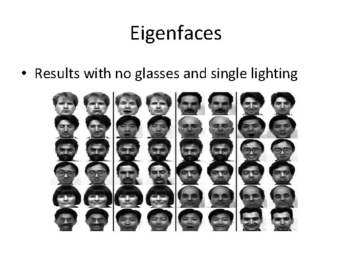 Eigenfaces • Results with no glasses and single lighting 