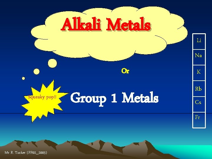 Alkali Metals Li Na Or Squeaky pop!! Mr R. Tucker (PP 02_2005) Group 1