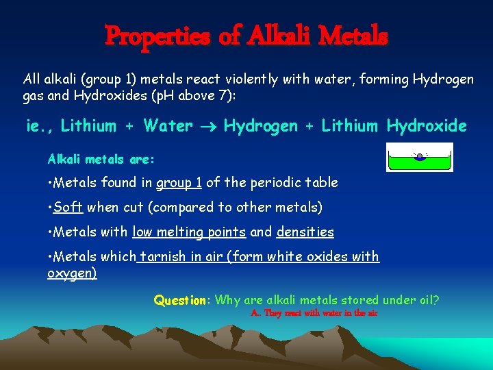 Properties of Alkali Metals All alkali (group 1) metals react violently with water, forming