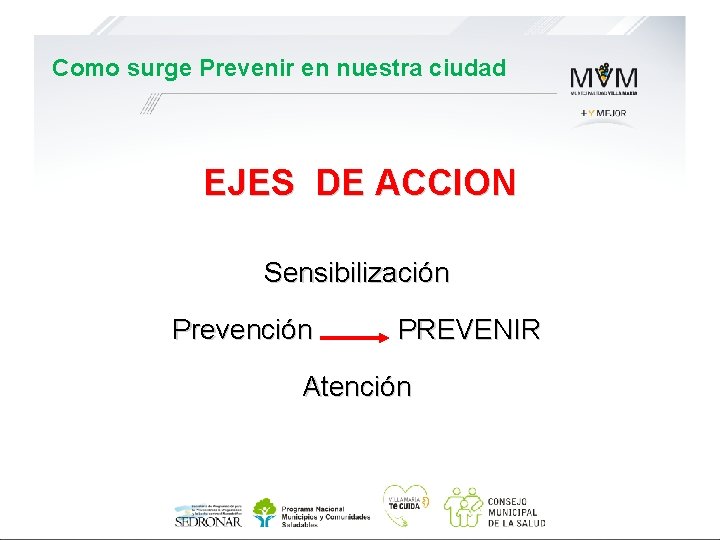 Como surge Prevenir en nuestra ciudad EJES DE ACCION Capacitación Sensibilización Prevención PREVENIR Atención