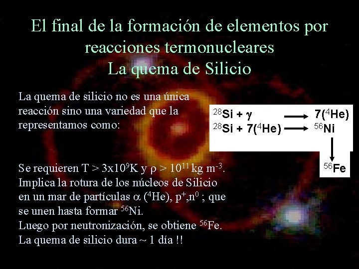 El final de la formación de elementos por reacciones termonucleares La quema de Silicio