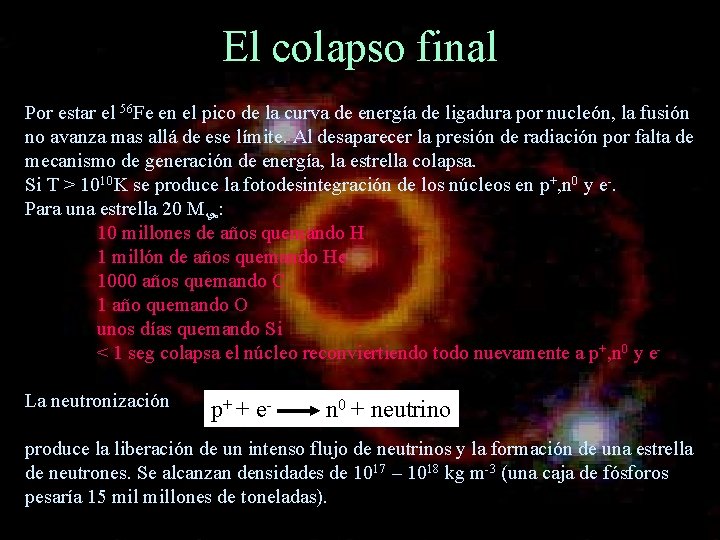 El colapso final Por estar el 56 Fe en el pico de la curva