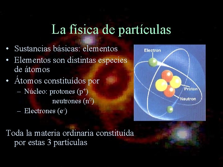 La física de partículas • Sustancias básicas: elementos • Elementos son distintas especies de