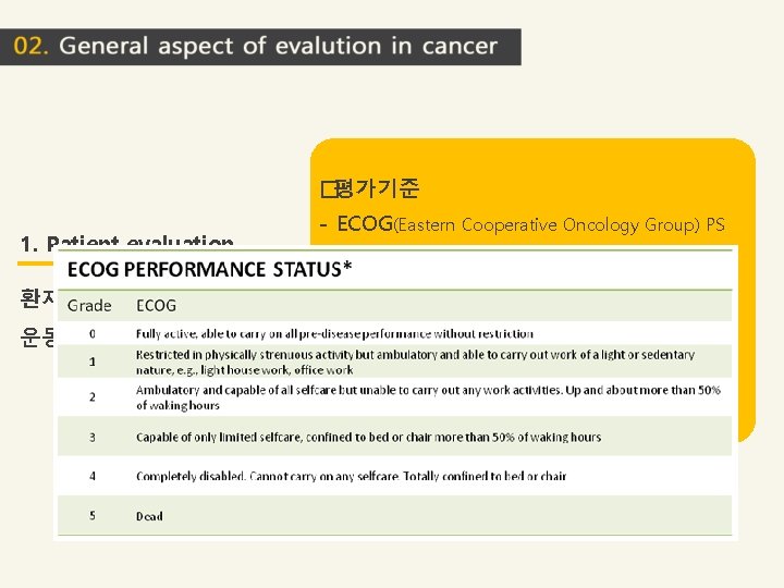 �평가기준 1. Patient evaluation 환자의 일반적 건강상태 및 운동능력평가 - ECOG(Eastern Cooperative Oncology Group) �평가기준 1. Patient evaluation 환자의 일반적 건강상태 및 운동능력평가 - ECOG(Eastern Cooperative Oncology Group)