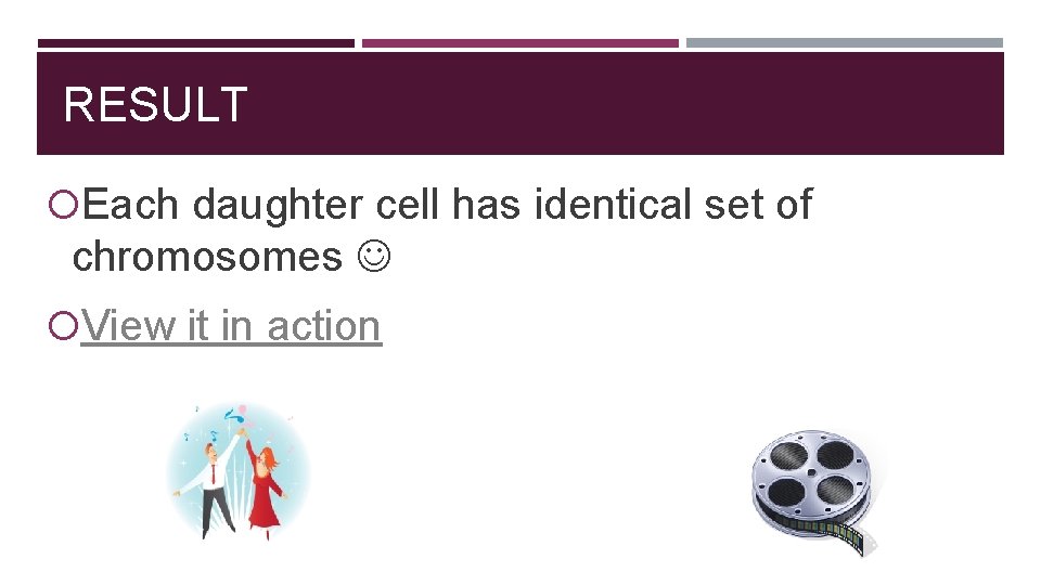 RESULT Each daughter cell has identical set of chromosomes View it in action RESULT Each daughter cell has identical set of chromosomes View it in action