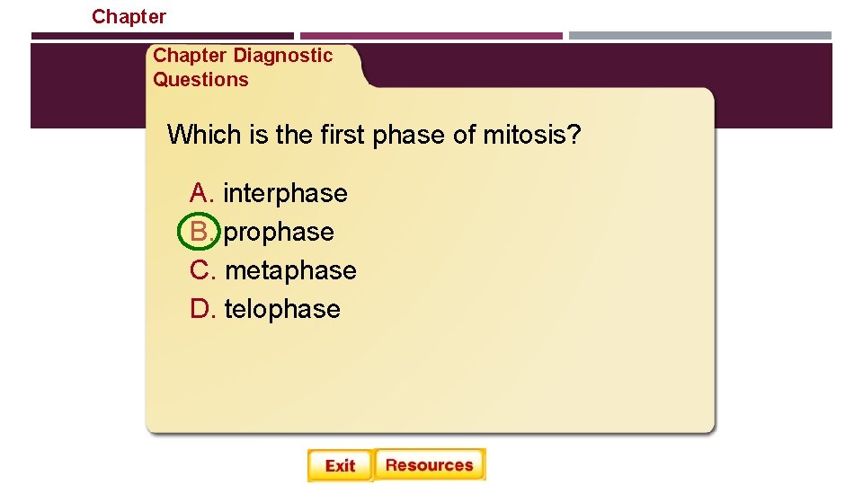 Chapter Cellular Reproduction Chapter Diagnostic Questions Which is the first phase of mitosis? A.