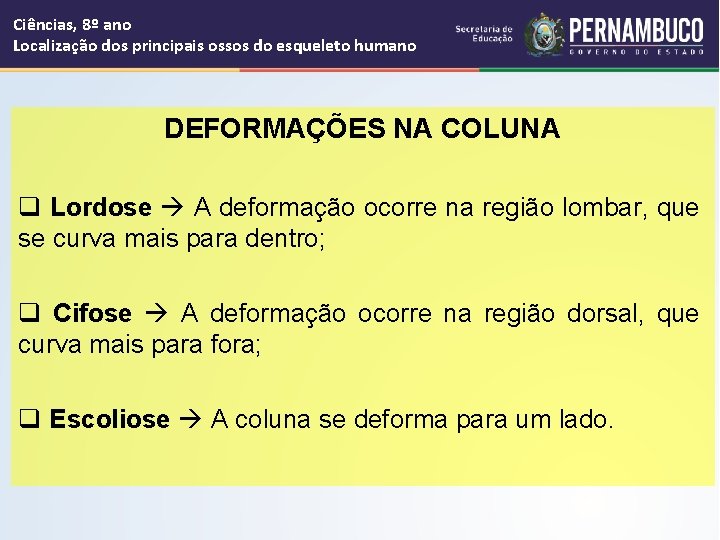 Ciências, 8º ano Localização dos principais ossos do esqueleto humano DEFORMAÇÕES NA COLUNA q