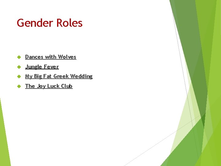Gender Roles Dances with Wolves Jungle Fever My Big Fat Greek Wedding The Joy Gender Roles Dances with Wolves Jungle Fever My Big Fat Greek Wedding The Joy