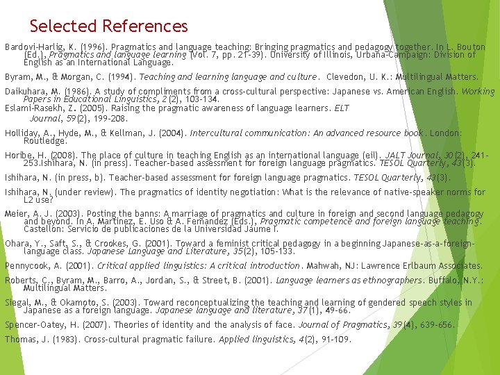 Selected References Bardovi-Harlig, K. (1996). Pragmatics and language teaching: Bringing pragmatics and pedagogy together. Selected References Bardovi-Harlig, K. (1996). Pragmatics and language teaching: Bringing pragmatics and pedagogy together.