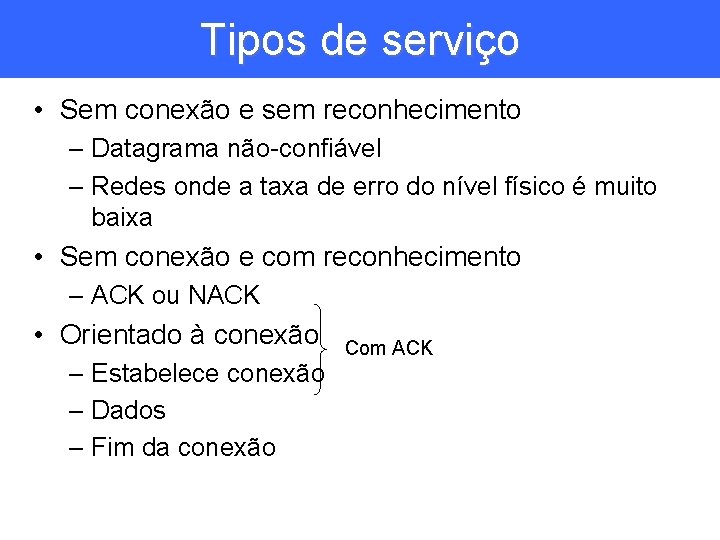 Tipos de serviço • Sem conexão e sem reconhecimento – Datagrama não-confiável – Redes