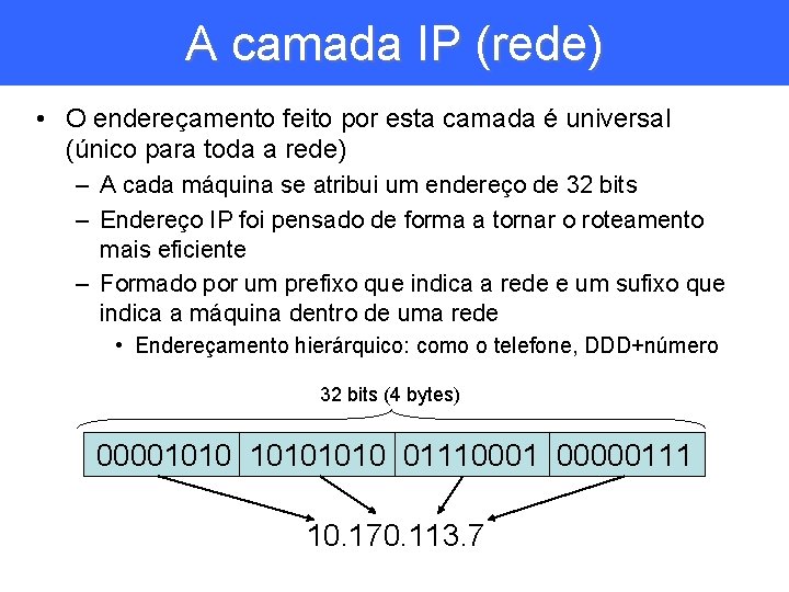 A camada IP (rede) • O endereçamento feito por esta camada é universal (único