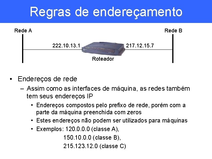 Regras de endereçamento Rede A Rede B 222. 10. 13. 1 217. 12. 15.
