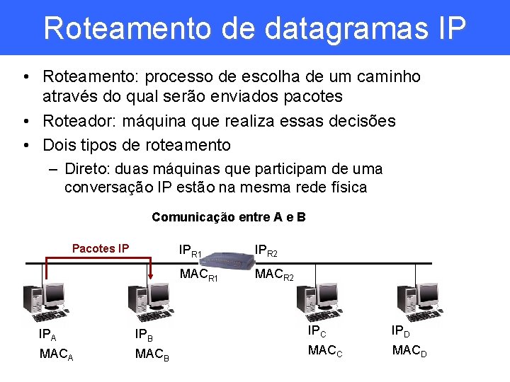 Roteamento de datagramas IP • Roteamento: processo de escolha de um caminho através do