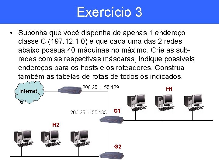 Exercício 3 • Suponha que você disponha de apenas 1 endereço classe C (197.