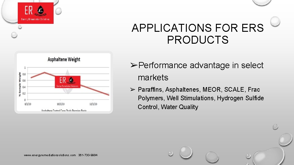 APPLICATIONS FOR ERS PRODUCTS ➢Performance advantage in select markets ➢ Paraffins, Asphaltenes, MEOR, SCALE,