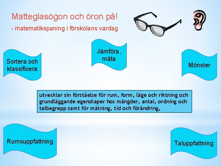 Matteglasögon och öron på! - matematikspaning i förskolans vardag Jämföra, mäta Sortera och klassificera
