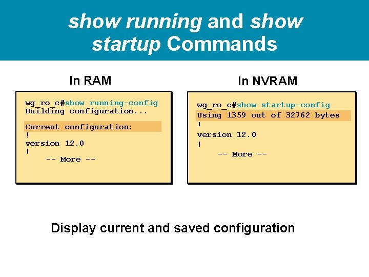 show running and show startup Commands In RAM In NVRAM wg_ro_c#show running-config Building configuration.