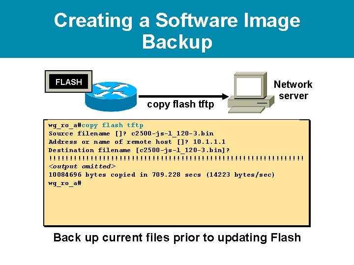 Creating a Software Image Backup FLASH copy flash tftp Network server wg_ro_a#copy flash tftp