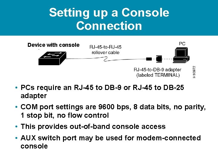 Setting up a Console Connection Device with console • PCs require an RJ-45 to