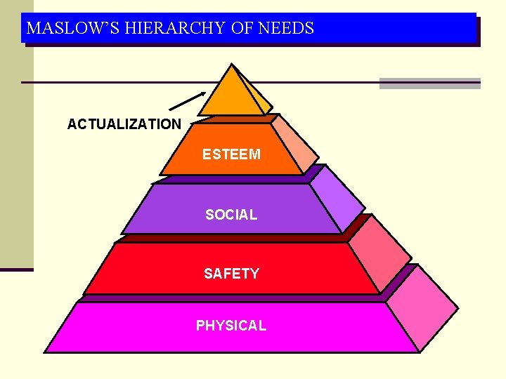 MASLOW’S HIERARCHY OF NEEDS ACTUALIZATION ESTEEM SOCIAL SAFETY PHYSICAL 