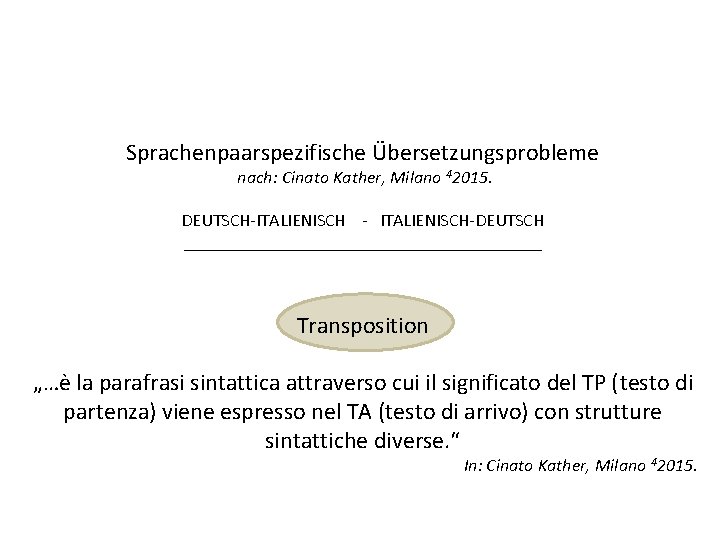 Sprachenpaarspezifische Übersetzungsprobleme nach: Cinato Kather, Milano 42015. DEUTSCH-ITALIENISCH - ITALIENISCH-DEUTSCH ____________________ Transposition „…è la