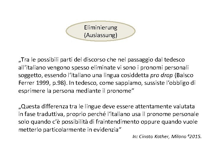 Eliminierung (Auslassung) „Tra le possibili parti del discorso che nel passaggio dal tedesco all‘italiano