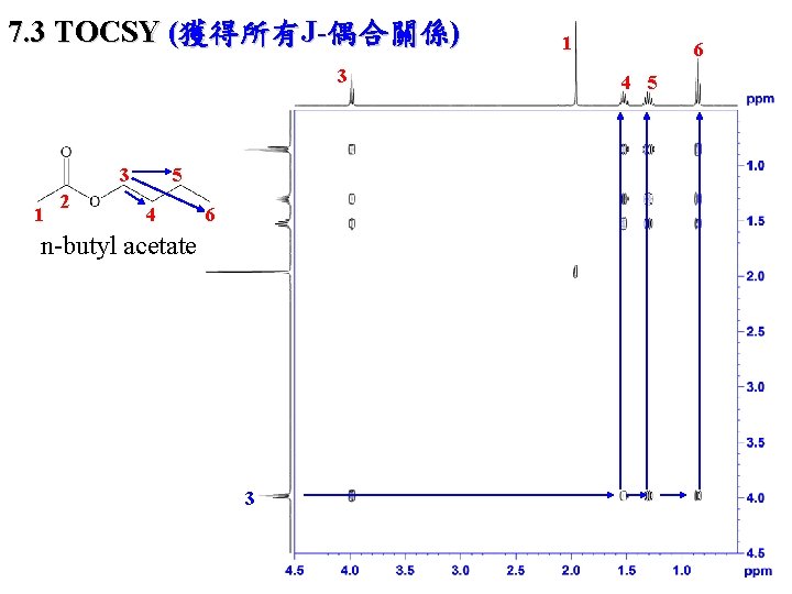 7. 3 TOCSY (獲得所有J-偶合關係) 3 3 1 2 5 4 6 n-butyl acetate 3
