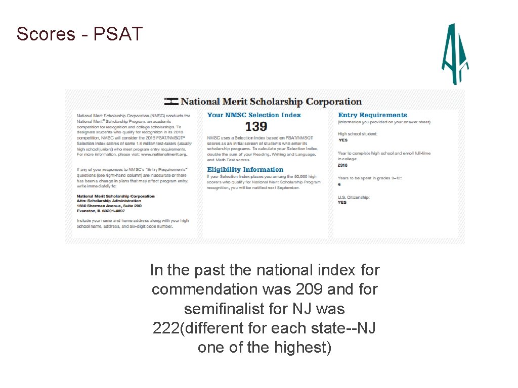 Scores - PSAT In the past the national index for commendation was 209 and