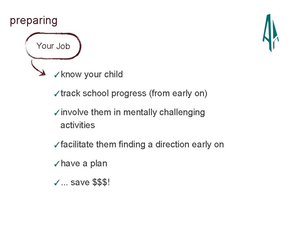 preparing Your Job ✓know your child ✓track school progress (from early on) ✓involve them