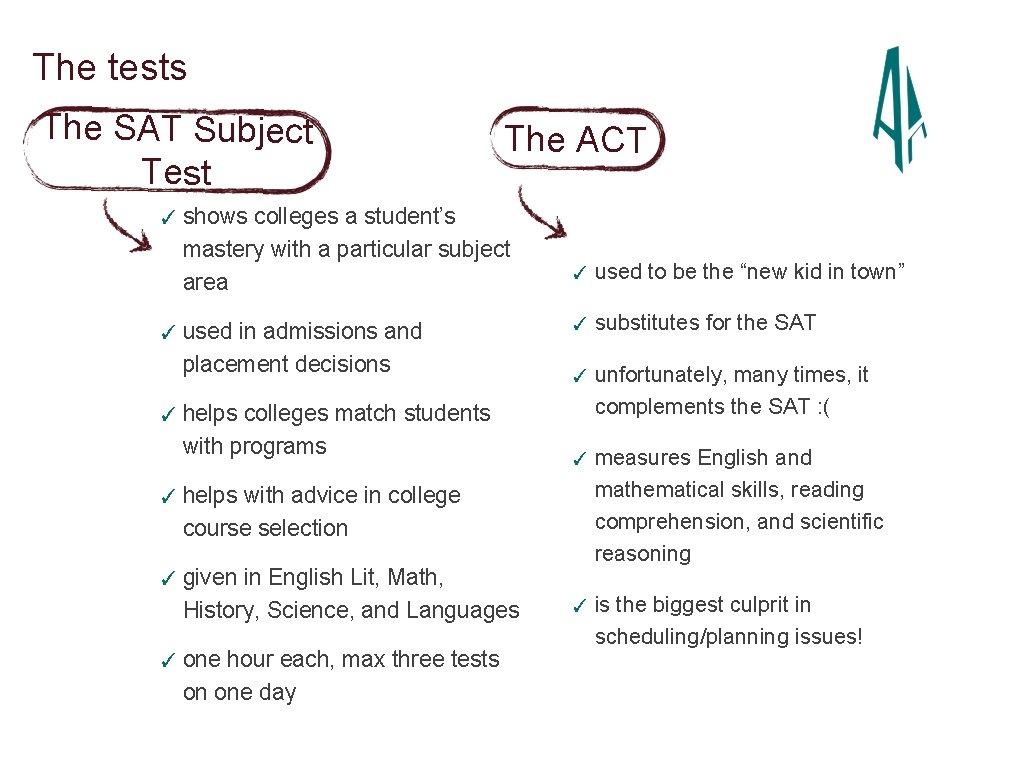 The tests The SAT Subject Test The ACT ✓ shows colleges a student’s mastery