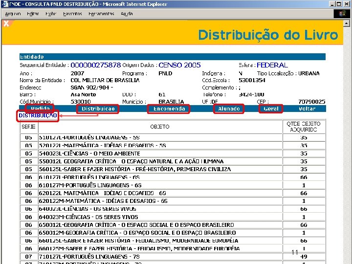 Sistema: Distribuição PNLD/ PNLEM/ PNBE 11 