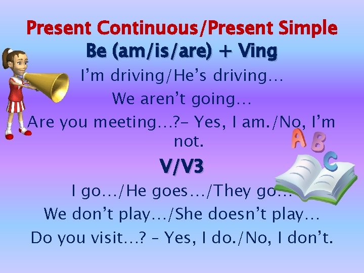 Present Continuous/Present Simple Be (am/is/are) + Ving I’m driving/He’s driving… We aren’t going… Are