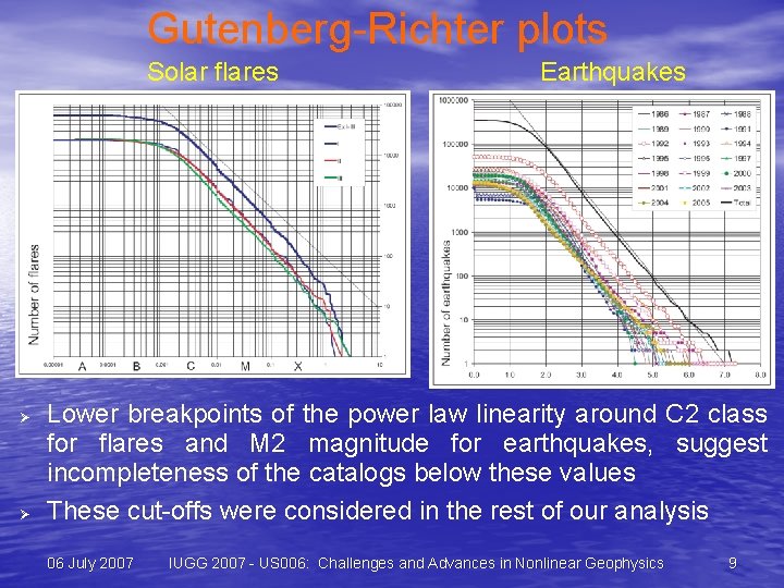 Gutenberg-Richter plots Solar flares Ø Ø Earthquakes Lower breakpoints of the power law linearity