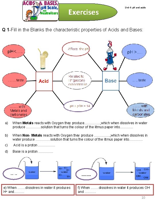 Exercises Unit 4: p. H and acids Q 1 -Fill in the Blanks the