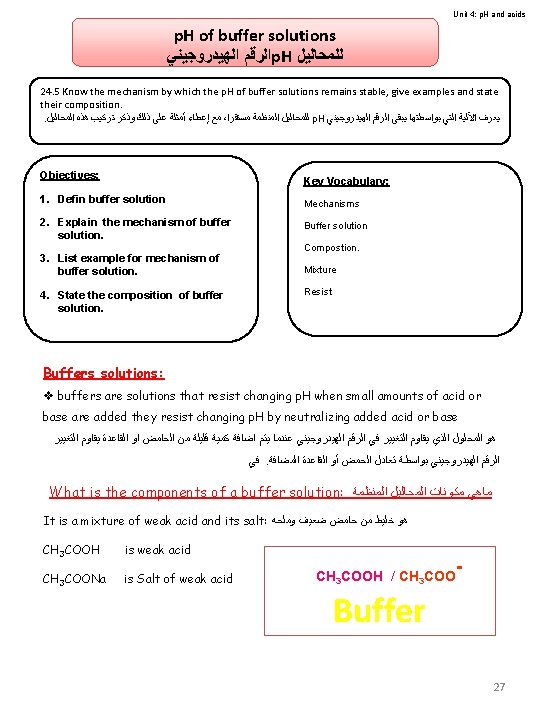 Unit 4: p. H and acids p. H of buffer solutions ﺍﻟﺮﻗﻢ ﺍﻟﻬﻴﺪﺭﻭﺟﻴﻨﻲ p.