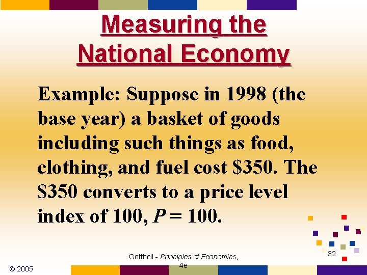 Measuring the National Economy Example: Suppose in 1998 (the base year) a basket of