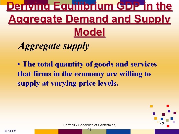 Deriving Equilibrium GDP in the Aggregate Demand Supply Model Aggregate supply • The total