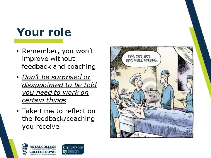 Your role • Remember, you won’t improve without feedback and coaching • Don’t be