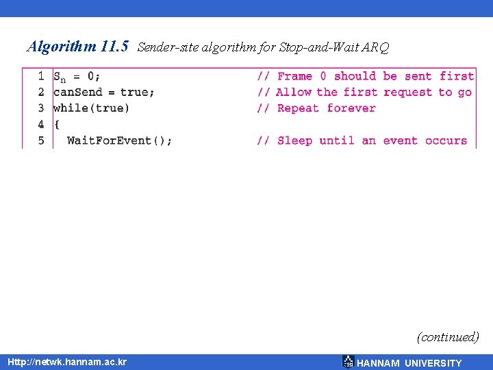 Algorithm 11. 5 Sender-site algorithm for Stop-and-Wait ARQ (continued) Http: //netwk. hannam. ac. kr