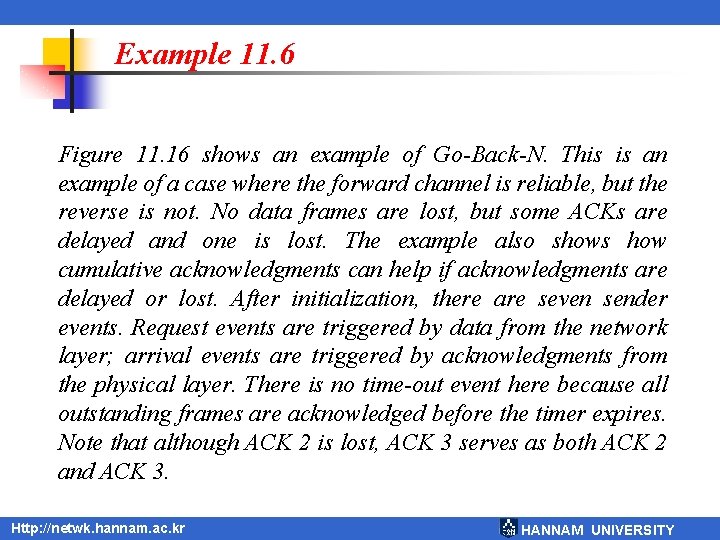 Example 11. 6 Figure 11. 16 shows an example of Go-Back-N. This is an