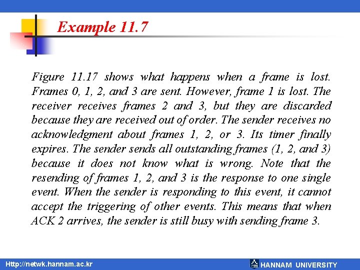 Example 11. 7 Figure 11. 17 shows what happens when a frame is lost.