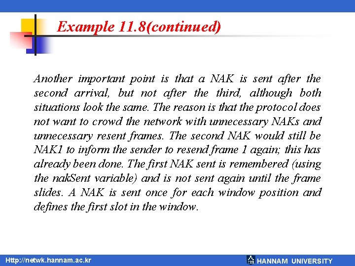 Example 11. 8(continued) Another important point is that a NAK is sent after the