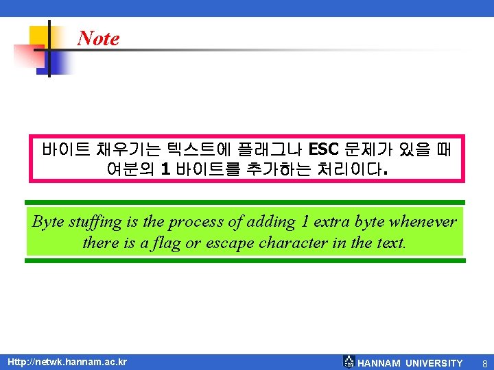 Note 바이트 채우기는 텍스트에 플래그나 ESC 문제가 있을 때 여분의 1 바이트를 추가하는 처리이다.