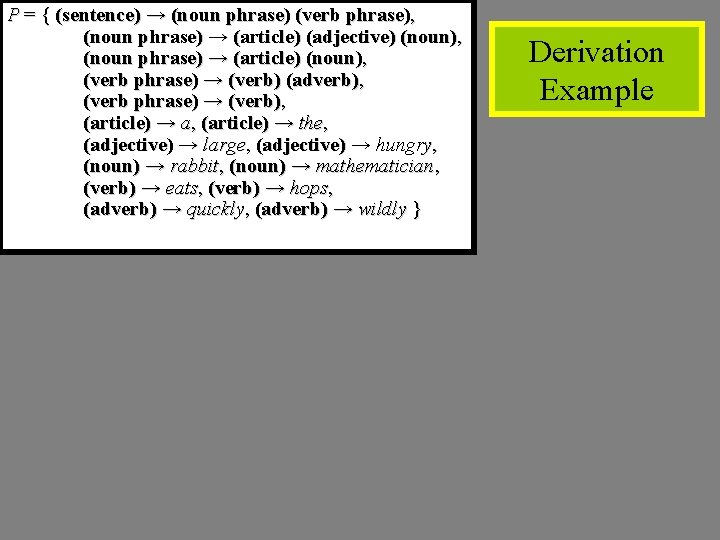 P = { (sentence) → (noun phrase) (verb phrase), (noun phrase) → (article) (adjective)