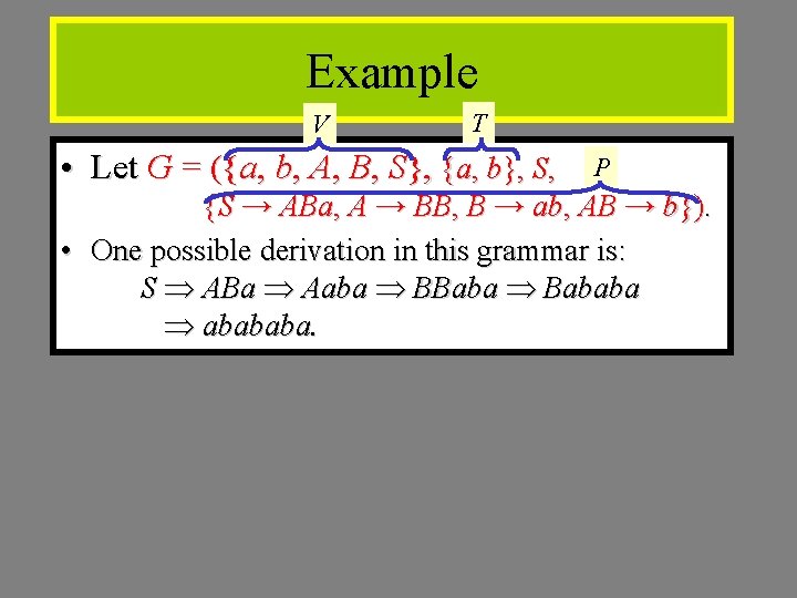 Example V T • Let G = ({a, b, A, B, S}, {a, b},