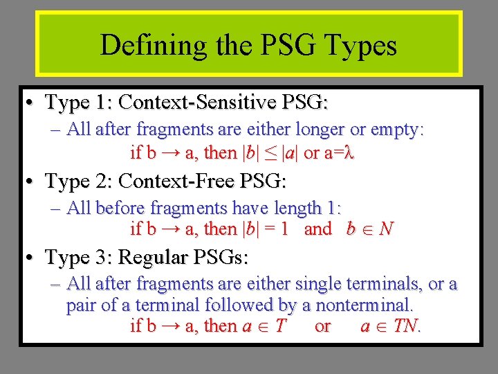 Defining the PSG Types • Type 1: Context-Sensitive PSG: – All after fragments are