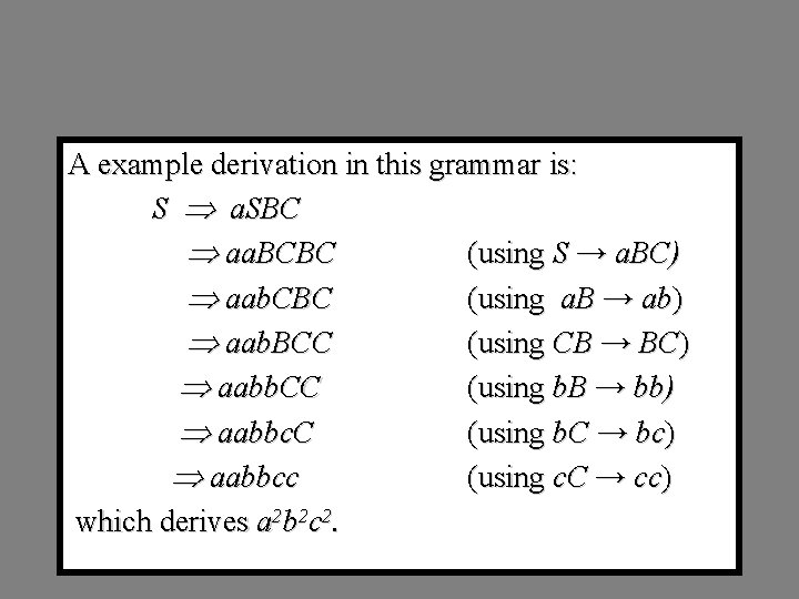 A example derivation in this grammar is: S a. SBC aa. BCBC (using S
