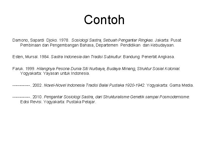 Contoh Damono, Sapardi Djoko. 1978. Sosiologi Sastra, Sebuah Pengantar Ringkas. Jakarta: Pusat Pembinaan dan