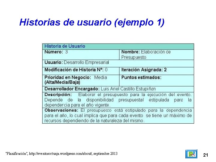 Historias de usuario (ejemplo 1) "Planificación", http: //eventoscctunja. wordpress. com/about/, septiembre 2013 21 