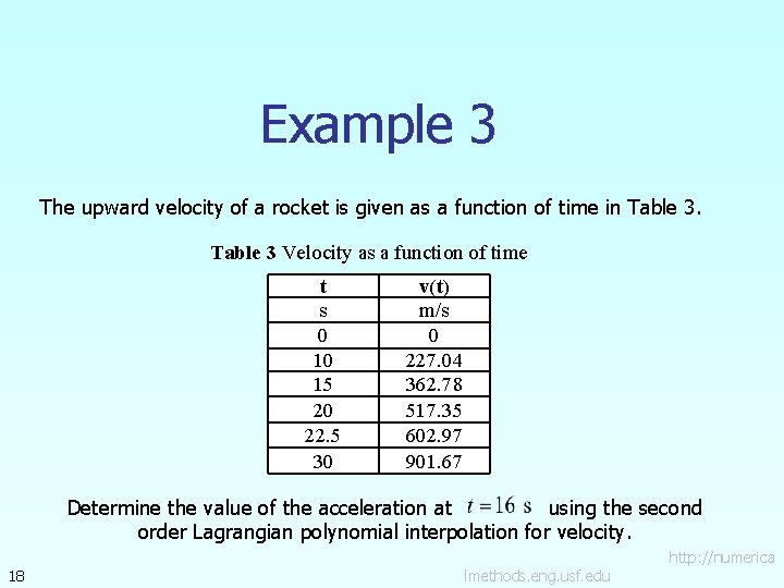 Example 3 The upward velocity of a rocket is given as a function of